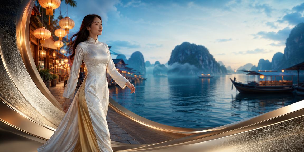 Phụ nữ mặc áo dài đặt cược trực tuyến trên điện thoại với cảnh vịnh Hạ Long phía sau