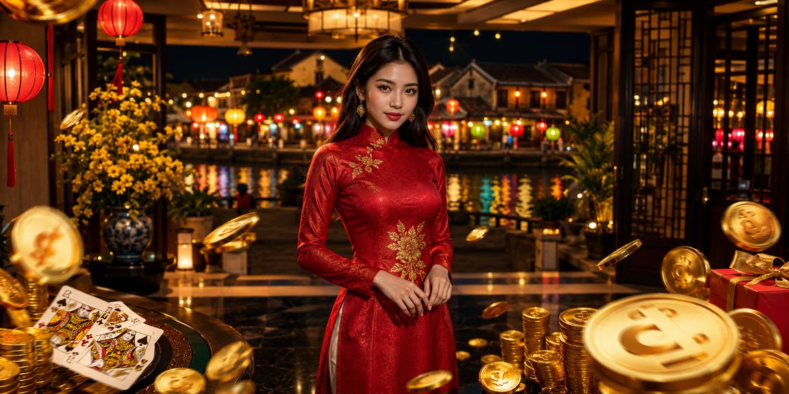 Người chơi tại Hội An mặc áo dài ngồi thưởng thức ván bài trực tuyến trong không gian phố cổ truyền thống