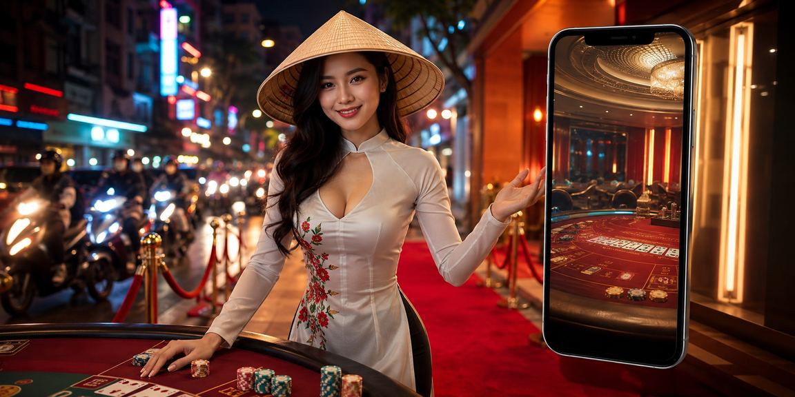 Khung cảnh casino Việt Nam với màn hình hiển thị bảng cược và người chơi theo dõi kết quả trực tiếp