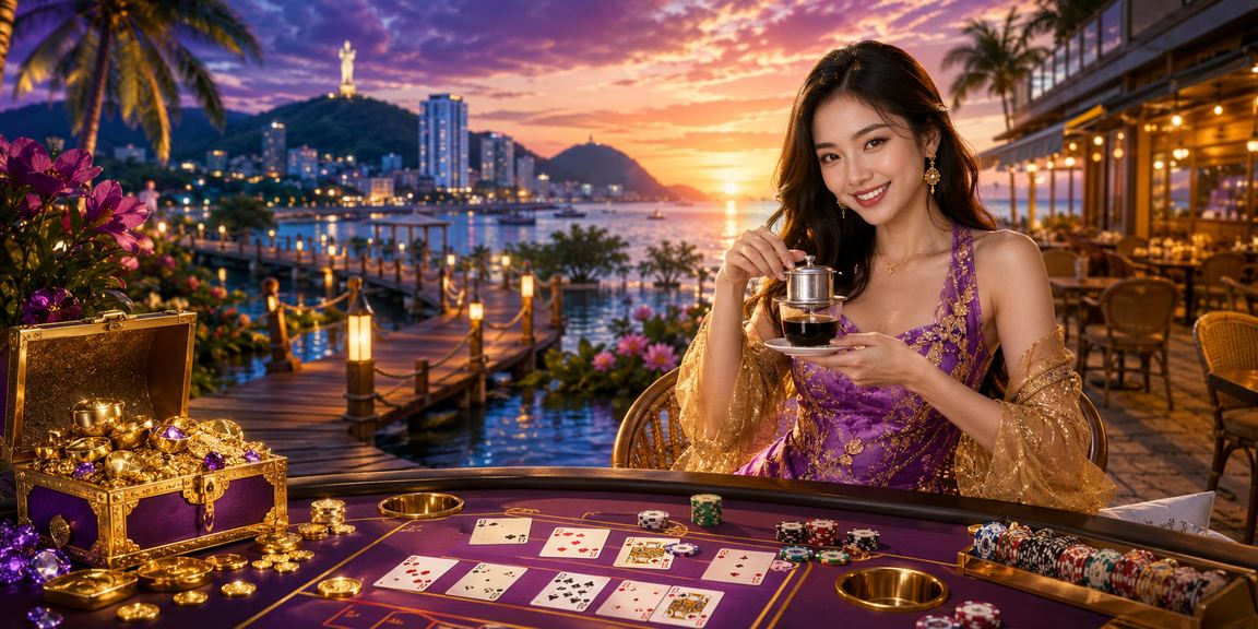Người chơi Baccarat trực tuyến tại Vũng Tàu ngồi quán cà phê ven biển với điện thoại trong tay